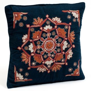 Navy Blue Hand Embroidered Paako Cushion Cover from Kutch with Mirrors (India) Pillow Covers
