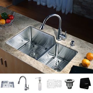 Kraus Kitchen Combo Set Stainless Steel 32 inch Undermount Sink with Faucet Kraus Sink & Faucet Sets