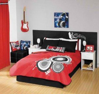 Red White Black Music Audio Comforter Bedding Set w/ Matching Curtains (TWIN)   Boys Bedding Twin