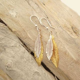 two tone feather earrings by tigerlily jewellery