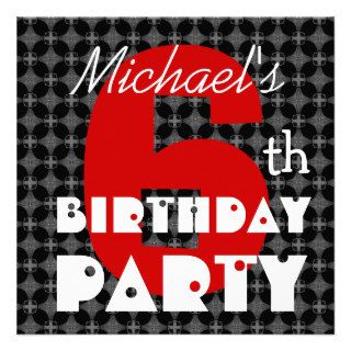6th Birthday Party Red Black and White Big Number Personalized Invitation