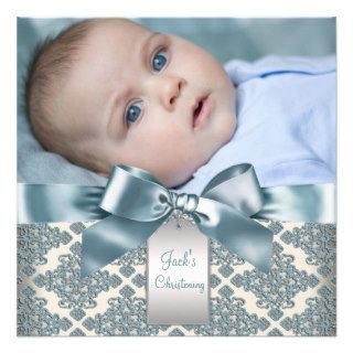 Beige Blue Damask Baby Boy Photo Christening Custom Announcement