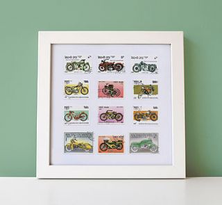 original vintage motorcycle postage stamp art by the green gables