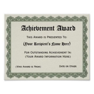 Achievement Award Certificate, Customized fill in Posters