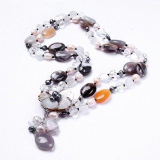 Qiyun Women's Elegant Looking Pearl Jade Bead Crystal Beaded 2 Row Strands Pendant Bib Necklace Jewelry