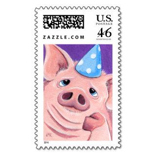 Cute Pig Wearing a Blue Party Hat   Large Postage