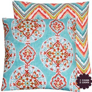 Kaleidoscope Collection   12x20" Lumbar Designer Decorative Toss Pillow Cover   Geometric Medallion and Chevron   Turquoise Blue, Red, Orange, Peach and Kiwi Green Hues   Two Splendid Looks in One Pillow Cover   Throw Pillow Covers