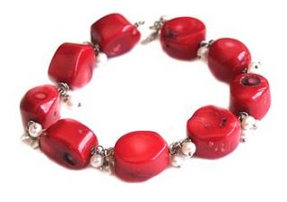 chunky red bamboo coral and pearl bracelet by prisha jewels