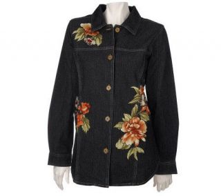 Denim & Co. Button Front Denim Shirt Jacket with Floral Applique —
