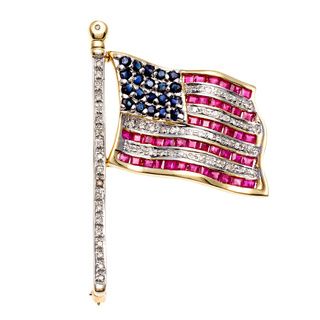 14k Gold Sapphire, Ruby and 1/4ct TDW Diamond Flag Estate Brooch (H I, SI1 SI2) Estate and Vintage Brooches & Pins