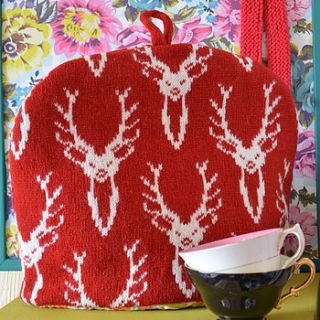 stag head knitted tea cosy by nervous stitch