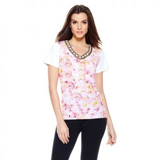 Sharif Floral Print Top with Beading and Luxe Sleeve