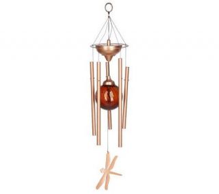 Solar Powered Copper Finish Windchime w/ Crackle Glass Ball —