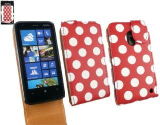 Emartbuy  Value Pack Fr Nokia Lumia 620 Premium Pu Leder Flip Case / Cover / Tasche Polka Dots Rot / Wei + Kompatibel Micro Usb Car Charger + Lcd Screen Protector Elektronik