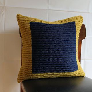 handknit mustard and navy colourblock cushion by s t r i k k handknits