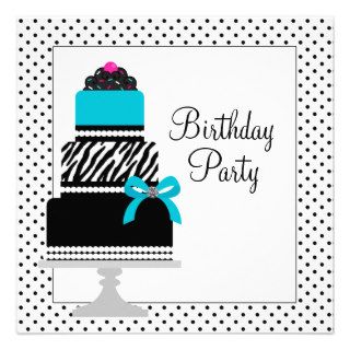 Teal Blue Zebra Cake Cupcake Birthday Party Invites