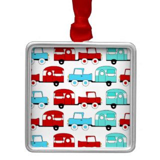 Retro Camping Trailer Turquoise Red Vintage Cars Christmas Tree Ornament
