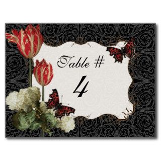 Table Number Card   Black n Cream Red Tulip Damask Postcard