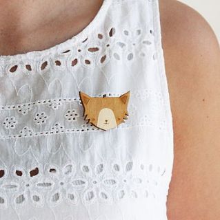 wooden cat brooch by ginger pickle