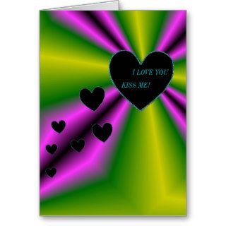 I LOVE YOU  Kiss me   Black Heart on purple green Greeting Cards
