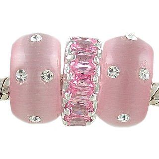 Pink Catseye and Baguette Cz Bead Trio for European Charm Bracelet