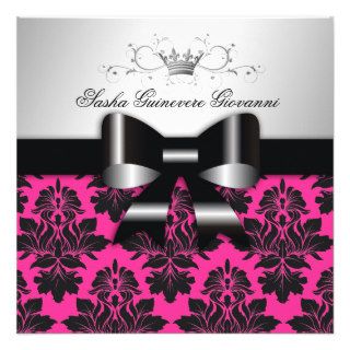 311 Blackberry Pink Damask Black Bow  Sweet 16 Personalized Invite