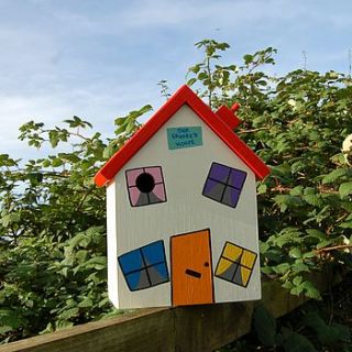 personalised crooked house bird box by lindleywood