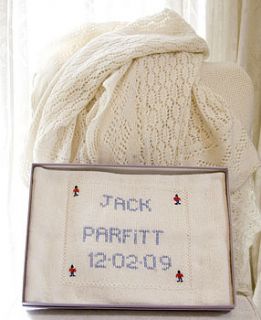 hand knitted personalised baby blanket by sue hill