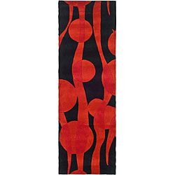 Handmade Soho Flora Black/ Red New Zealand Wool Runner (26 X 8)