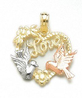 14k Gold Necklace Charm Pendant, Heart With Doves & Love Inside Tri color Million Charms Jewelry