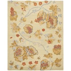 Handmade Blossom Beige Wool Rug With Cotton Canvas Backing (8 X 10)