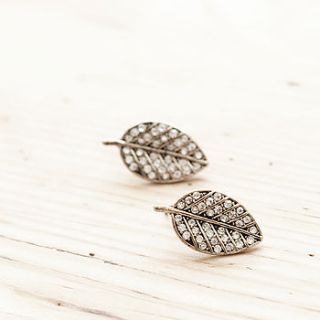 diamante silver leaf stud earrings by bloom boutique