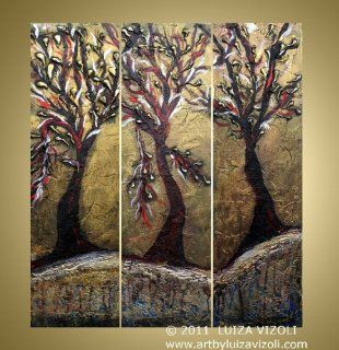 Antique Olive Trees original Modern Fantasy Landscape Metallic Painting on Wood Panels   Wall Sculptures