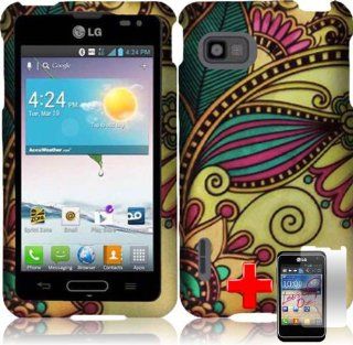 LG Optimus F3/LS720 (Sprint) 2 Piece Snap On Rubberized Hard Plastic Image Case Cover, Green/Pink Antique Flower Gold Cover + LCD Clear Screen Saver Protector Cell Phones & Accessories