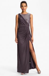 Adrianna Papell Ruched Mixed Media Gown