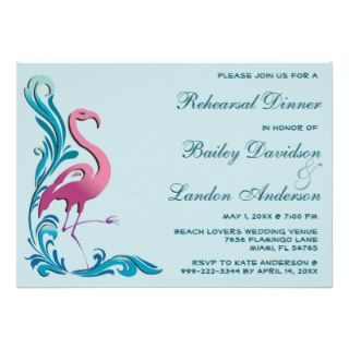 Pink Flamingo Blue Swirls Wedding Rehearsal Dinner Announcements