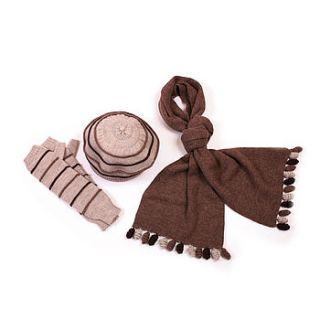 cafe latte accessories set alpaca scarf, mittens and beret by humm alpaca knitwear