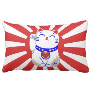 Lucky cute neko cat on rising sun pillow
