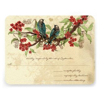 Red Flower Branch Vintage Birds Wedding RSVP Personalized Announcements