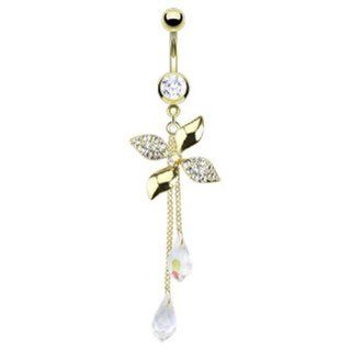 Gold Plated Surgical Stainless Steel Multi Paved CZ Flower Swirl with Chandelier Crystalline Navel Belly Button Ring   14 GA 3/8" Long West Coast Jewelry Jewelry
