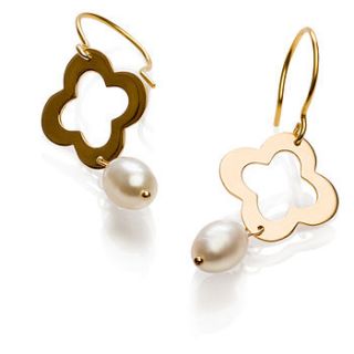 gold clover and pearl drop earrings by brox rocks