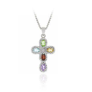 Sterling Silver Multi Gemstone & Diamond Accent Cross Pendant Jewelry