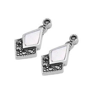 Sterling Silver Diamond Shape Pearl & Marcasite Earrings Dangle Earrings Jewelry