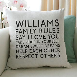 personalised family rules cushion by a type of design