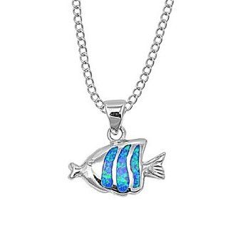 Sterling Silver Flounder Fish Blue Lab Opal Pendant Necklace Jewelry