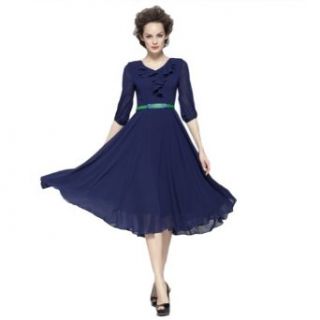 Teenloveme New Women's V neck Falbala 3/4 Sleeves Slim Chiffon Dress (XL)