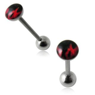 Flat Top Red " FLAME " Logo with 14Gx5/8(1.6x16mm) 316L Surgical Steel Barbell with 6mm Ball Tongue Piericng jewelry. Price per 1 Piece only. Body Piercing Barbells Jewelry