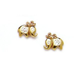 14k Yellow Gold CZ Elephant Stud Fancy Earrings Screwback Jewelry