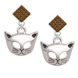 Cat Face with Cut Out Eyes Brown Topaz Crystal Diamond Shaped Lulu Post Earrings Dangle Earrings Jewelry