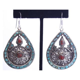 Brass and Sterling Silver Turquoise Teardrop Earrings (Nepal) Earrings